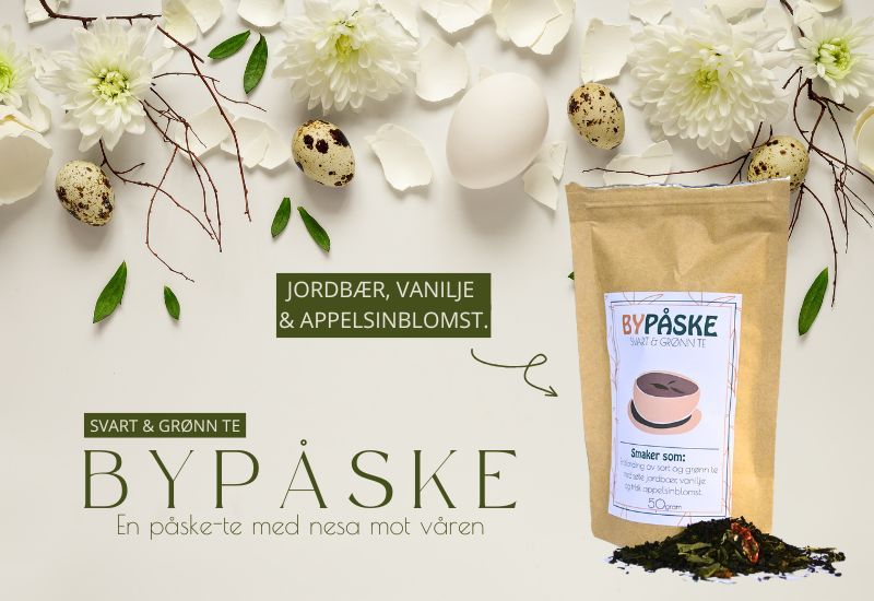 Påske-te, grønn og svart med jordbær og vanilje.